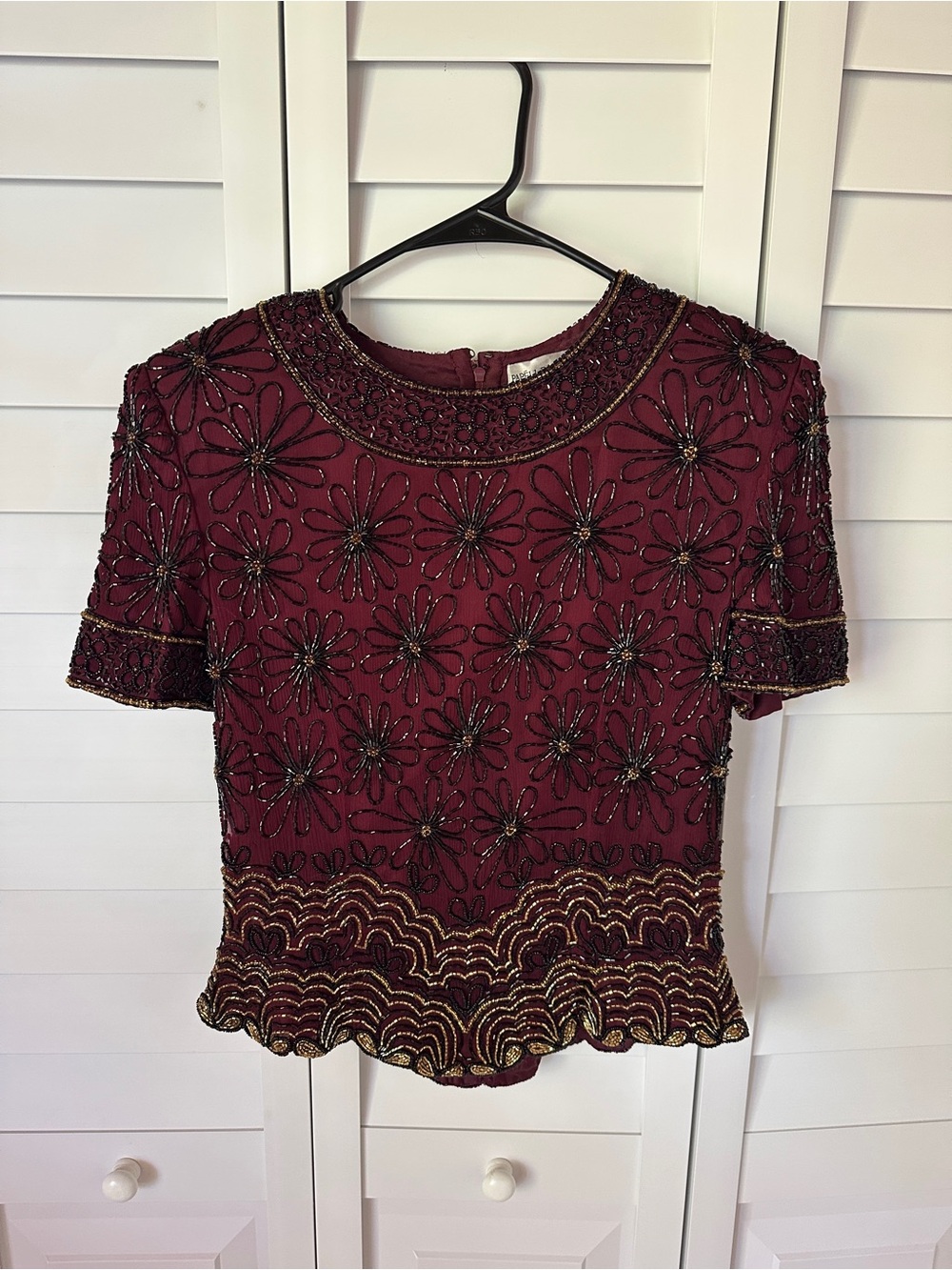 Papell Boutique Silk Burgundy Short Sleeve Beaded Floral Top